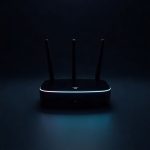 A generic network router with one small indicator light sits on a glossy black surface lit by cool white rim light.